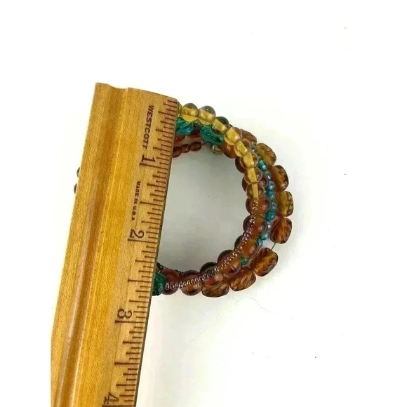 VTG Multi Lucite Carved Beaded Bangle Wired Wrap Bracelet Brown Blue Bell Chime - Picture 4 of 10